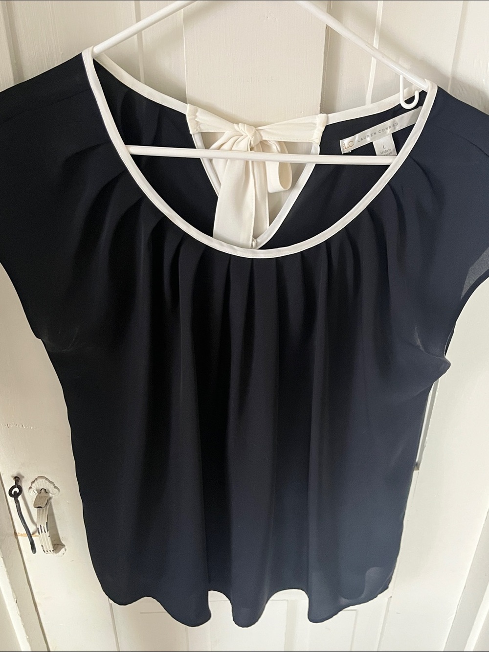 LC Lauren Conrad Black Blouse with Cream Trim and Back Tie